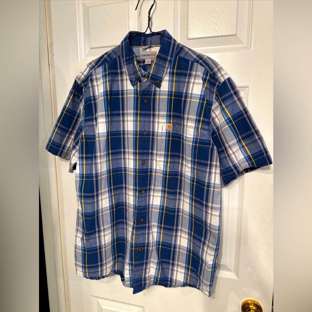 Carhartt Sz L Men's Button Shirt Short Sleeve Dark Blue Plaid Relaxed Fit